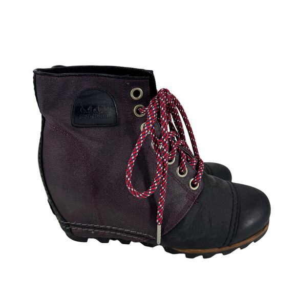 Sorel PDX Lace up Wedge Lexie Wedge Maroon Black Leather Canvas - Picture 1 of 5